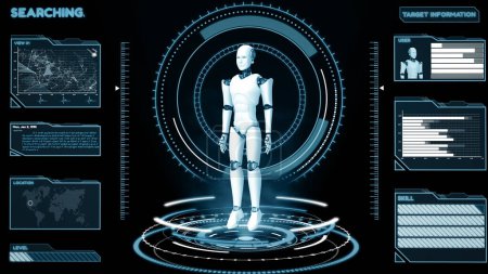 Téléchargez les photos : Illustration 3D XAI Robot futuriste, intelligence artificielle Analyse et programmation de mégadonnées CGI. Homme robotique 3D rendu animation. Illustration 3D. - en image libre de droit