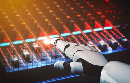 Foto de XAI 3D renderizado androide robot disc jockey mano en dj mixer vista de cerca en discoteca durante la fiesta. EDM, entretenimiento, concepto de fiesta. - Imagen libre de derechos