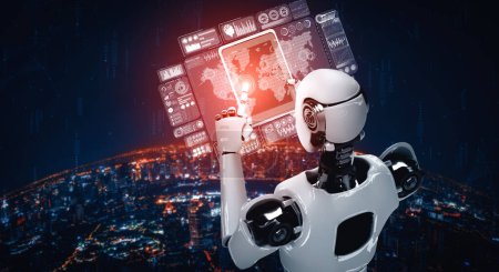 Téléchargez les photos : Illustration 3D XAI Robot humanoïde utilisant un ordinateur tablette pour la connexion au réseau mondial utilisant le cerveau de pensée IA, l'intelligence artificielle et le processus d'apprentissage automatique pour la 4e révolution industrielle. 3D - en image libre de droit