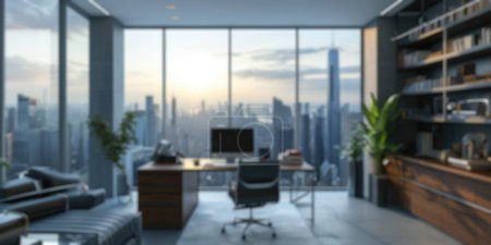 Photo for A softly blurred image of a high-rise office with a panoramic city view during dusk, showcasing the glow of a setting sun against skyscrapers. Resplendent. - Royalty Free Image