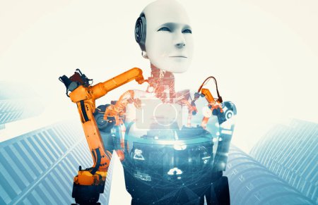 Téléchargez les photos : XAI Robot industriel mécanisé et bras robotisés image double exposition. Concept d'intelligence artificielle pour la révolution industrielle et le processus de fabrication de l'automatisation dans la future usine. - en image libre de droit