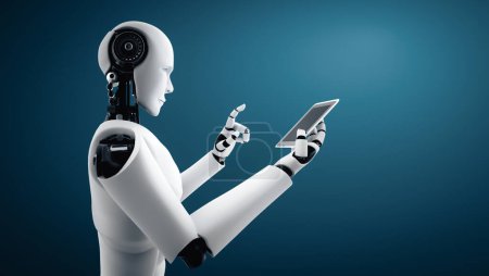 Foto de Ilustración XAI 3D Robot humanoide utilizar el teléfono móvil o tableta en la oficina futura, mientras que el uso de IA cerebro pensamiento, inteligencia artificial y el proceso de aprendizaje automático. 4ª revolución industrial 3D - Imagen libre de derechos