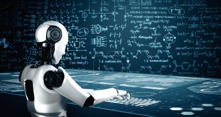 XAI 3D Illustration Humanoide Roboter nutzen Laptop und sitzen am Tisch für Ingenieurwissenschaften studieren mit KI denkenden Gehirn, künstlicher Intelligenz und maschinellem Lernprozess für 4. industrielle