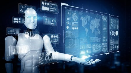 Téléchargez les photos : Illustration 3D XAI Robot humanoïde AI tenant un écran holographique virtuel montrant le concept d'analyse de mégadonnées utilisant la pensée de l'intelligence artificielle par processus d'apprentissage automatique. Illustration 3D. - en image libre de droit