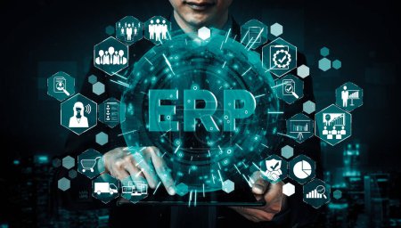 Enterprise Resource Management ERP-Softwaresystem für Geschäftsressourcen Plan in moderner grafischer Oberfläche präsentiert, die zukünftige Technologie zur Verwaltung von Unternehmensressourcen zeigt. uds