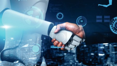Foto de Ilustración XAI 3D Robot futurista inteligencia artificial huminoide AI para el desarrollo de tecnología industrial de fábrica y el concepto de aprendizaje automático. investigación científica biónica robótica para el futuro del ser humano - Imagen libre de derechos