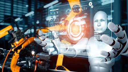 Téléchargez les photos : Illustration 3D XAI Robot industriel cybernétique et bras robotisés pour l'assemblage dans la production industrielle. Concept d'intelligence artificielle pour la révolution industrielle et l'automatisation des processus de fabrication. - en image libre de droit