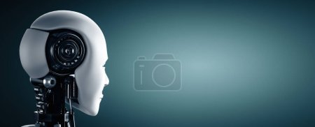 Foto de Ilustración XAI 3D Vista posterior de la cabeza del robot humanoide AI. Ilustración 3D. - Imagen libre de derechos