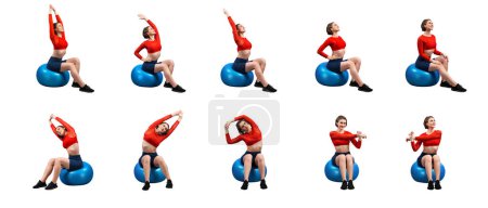 Téléchargez les photos : Jeune femme saine et active en tenue de sport avec différentes postures de fitness professionnel ensemble de musculation et de musculation. Exercice de balle sur fond isolé dans la gaieté pleine longueur du corps tourné. - en image libre de droit