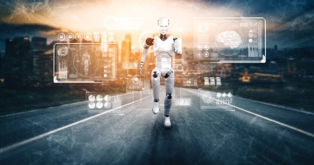 Téléchargez les photos : Illustration 3D XAI Robot humanoïde en cours d'exécution montrant un mouvement rapide et une énergie vitale dans le concept de développement de l'innovation future vers le cerveau IA et l'intelligence artificielle par l'apprentissage automatique - en image libre de droit