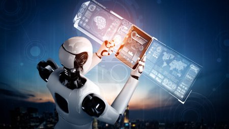 XAI 3D Illustration Humanoide Roboter mit Tablet-Computer für Big-Data-Analyse mit KI-Denkgehirn, künstlicher Intelligenz und maschinellem Lernprozess für die vierte industrielle Revolution