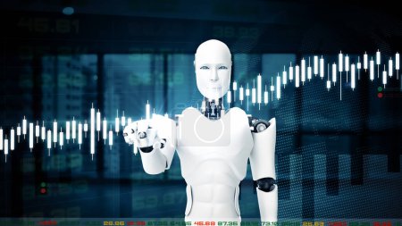 Futuristischer Roboter, künstliche Intelligenz CGI für den Börsenhandel. Robotermann 3D-Renderanimation. 3D-Illustration.
