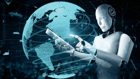 XAI 3D Illustration Futuristische Roboter künstliche Intelligenz huminoide KI Transport analytische Technologie Entwicklung und maschinelles Lernkonzept. Globale robotische wissenschaftliche Forschung für die Zukunft der