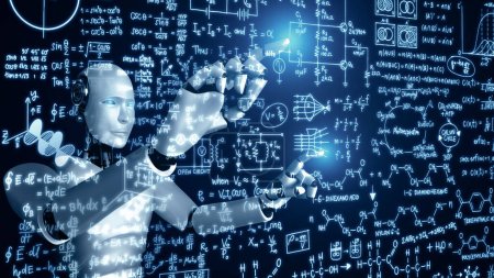 Téléchargez les photos : Illustration 3D XAI robot hominoïde IA écran tactile de formule mathématique et équation scientifique en utilisant la pensée de l'intelligence artificielle et le processus d'apprentissage automatique pour la 4ème révolution industrielle - en image libre de droit