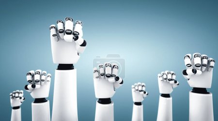 Foto de Ilustración XAI 3D Robot manos humanoides para celebrar el éxito logrado mediante el uso de la inteligencia artificial de inteligencia artificial y el proceso de aprendizaje automático para la cuarta revolución industrial. Ilustración 3D. - Imagen libre de derechos