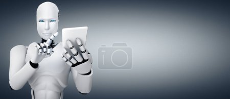 Téléchargez les photos : Illustration 3D XAI L'humanoïde robot utilise le téléphone portable ou la tablette dans son futur bureau tout en utilisant le cerveau intelligent, l'intelligence artificielle et le processus d'apprentissage automatique. 4ème quatrième révolution industrielle 3D - en image libre de droit