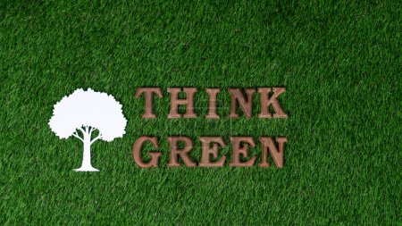Photo for Wooden alphabet arranged in ecological awareness campaign with ECO icon design on biophilia green grass background to promote environmental protection for greener and sustainable future. Gyre - Royalty Free Image