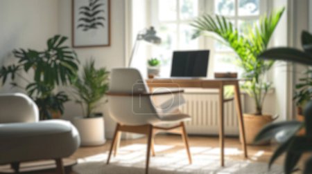 Foto de Enfoque suave en una configuración de oficina en casa con muebles elegantes y plantas de interior. Resplandeciente. - Imagen libre de derechos