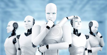 Foto de Ilustración XAI 3D Ilustración 3D del grupo humanoide robot en concepto de inteligencia artificial futura y cuarta cuarta revolución industrial. - Imagen libre de derechos