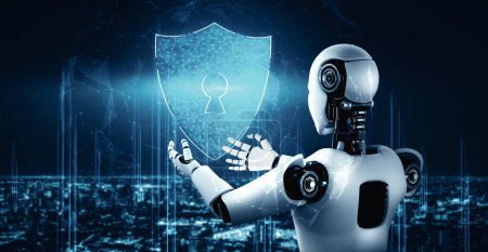 Photo for XAI 3d illustration AI robot using cyber security to protect information privacy. Futuristic concept of cybercrime prevention by artificial intelligence and machine learning process. 3D rendering - Royalty Free Image