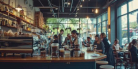Fondo borroso de una ajetreada cafetería con clientes disfrutando de sus bebidas y baristas elaborando café, creando un animado espacio comunitario. Resplandeciente.