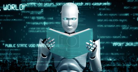 Téléchargez les photos : Illustration 3D XAI Robot futuriste intelligence artificielle huminoïde Programmation IA codage développement technologique et concept d'apprentissage automatique. Recherche en bionique robotique pour l'avenir de l'homme - en image libre de droit