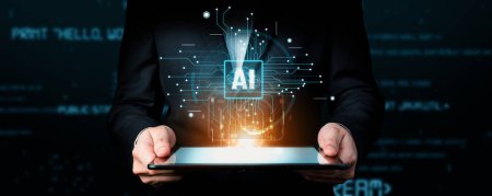 Los seres humanos interactúan con el procesador cerebral de inteligencia artificial de IA en concepto de ingeniería de inteligencia artificial de IA, big data y aprendizaje automático de IA para usar la IA generativa como soporte empresarial. PNL.
