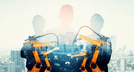 Photo for XAI Mechanized industry robot arm and factory worker double exposure. Concept of robotics technology for industrial revolution and automated manufacturing process. - Royalty Free Image