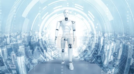 Foto de XAI 3d ilustración humanoide robot en el mundo de fantasía ciencia ficción. Concepto de pensamiento de IA Proceso de aprendizaje de cerebro y máquina para la cuarta revolución industrial. - Imagen libre de derechos