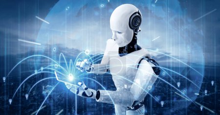 Foto de Ilustración XAI 3D Robot humanoide utilizar el teléfono móvil o tableta para la conexión a la red global utilizando el cerebro de pensamiento AI, inteligencia artificial y el proceso de aprendizaje automático para la cuarta revolución industrial - Imagen libre de derechos