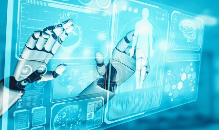 Foto de XAI 3D renderizado robot droide de inteligencia artificial médica que trabaja en el futuro hospital. Salud protésica futurista para el concepto de paciente y tecnología biomédica. - Imagen libre de derechos