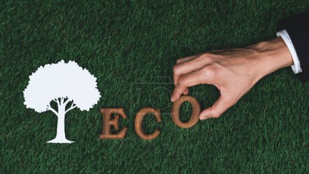 Téléchargez les photos : Organiser à la main l'alphabet en bois dans la campagne de sensibilisation écologique avec la conception de l'icône ECO sur fond de gazon vert biophilie pour promouvoir la protection de l'environnement pour un avenir plus vert et durable. Pneumatique - en image libre de droit