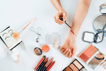 Photo for Close up top view image of beauty blogger or influencer shoot uttermost social media marketing or tutorial on online live streaming platform - Royalty Free Image