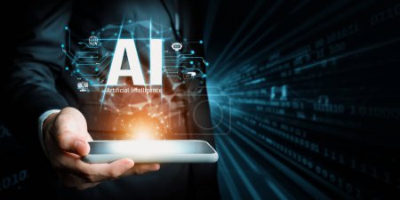 Foto de Los seres humanos interactúan con el procesador cerebral de inteligencia artificial de IA en concepto de ingeniería de inteligencia artificial de IA, big data y aprendizaje automático de IA para usar la IA generativa como soporte empresarial. PNL. - Imagen libre de derechos