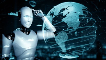 Foto de Ilustración XAI 3D Robot futurista inteligencia artificial huminoide AI transporte tecnología analítica desarrollo y aprendizaje automático concepto. Investigación científica robótica global para el futuro de - Imagen libre de derechos