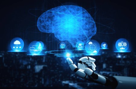 Foto de XAI Inteligencia artificial Investigación de IA del desarrollo de robots y cyborg para el futuro de las personas que viven. Diseño de tecnología digital de minería de datos y aprendizaje automático para comunicación cerebral por computadora. - Imagen libre de derechos