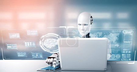 Téléchargez les photos : Illustration 3D XAI Robot humanoïde utiliser un ordinateur portable et s'asseoir à table pour l'analyse de mégadonnées en utilisant la pensée IA cerveau, l'intelligence artificielle et le processus d'apprentissage automatique pour le 4ème quatrième industriel - en image libre de droit