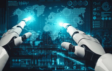 Téléchargez les photos : XAI 3D rendu intelligence artificielle Recherche IA de robot droïde et développement de cyborgs pour l'avenir des personnes vivant. Conception de technologies numériques d'exploration de données et d'apprentissage automatique pour cerveau d'ordinateur. - en image libre de droit