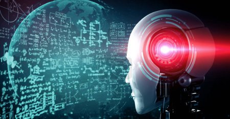 Foto de XAI 3d ilustración hominoide AI robot mirando la pantalla del holograma en concepto de cálculo matemático y análisis de ecuaciones científicas utilizando inteligencia artificial por proceso de aprendizaje automático. Renderizado 3D - Imagen libre de derechos