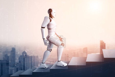Téléchargez les photos : Robot illustration XAI 3D humanoïde monter l'escalier vers le succès et la réalisation des objectifs. Concept de pensée IA cerveau et processus d'apprentissage automatique pour la 4ème quatrième révolution industrielle. - en image libre de droit