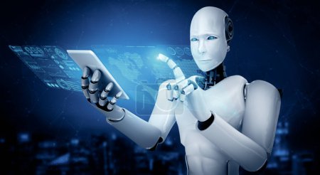 Téléchargez les photos : Illustration 3D XAI Robot humanoïde utiliser un téléphone mobile ou une tablette pour l'analyse de mégadonnées en utilisant la pensée IA cerveau, l'intelligence artificielle et le processus d'apprentissage automatique pour la 4ème quatrième industrie - en image libre de droit