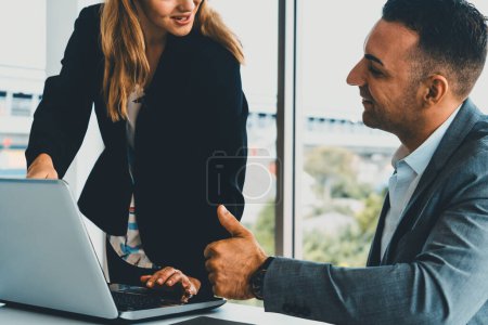 Photo for Businessman executive is in meeting discussion with a businesswoman worker in modern workplace office. People corporate business team concept. uds - Royalty Free Image