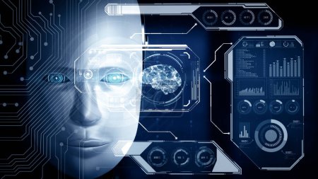 Photo for XAI 3d illustration Robot hominoid face close up with graphic concept of big data analytic by AI thinking brain, artificial intelligence and machine learning process for the 4th fourth industrial - Royalty Free Image