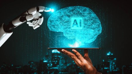 Foto de XAI 3D renderizado inteligencia artificial Investigación de inteligencia artificial de robot androide y desarrollo de cyborg para el futuro de las personas que viven. Diseño de tecnología digital de minería de datos y aprendizaje automático para cerebro de computadora. - Imagen libre de derechos