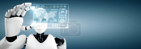 Téléchargez les photos : Illustration 3D XAI Robot humanoïde tenir écran d'hologramme HUD dans le concept de cerveau de pensée IA, intelligence artificielle et processus d'apprentissage automatique pour la 4ème quatrième révolution industrielle. 3D - en image libre de droit