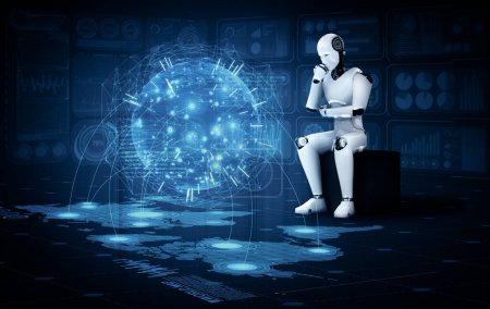 Téléchargez les photos : Illustration 3D de XAI Le robot humanoïde d'IA pensant analyser l'écran d'hologramme montre le concept de communication globale de réseau utilisant l'intelligence artificielle par le processus d'apprentissage automatique. Illustration 3D - en image libre de droit