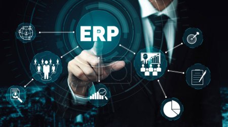 Photo for Enterprise Resource Management ERP software system for business resources plan presented in modern graphic interface showing future technology to manage company enterprise resource. uds - Royalty Free Image