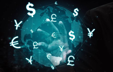 Currency Exchange Global Foreign Money Finance - Internationaler Devisenmarkt mit Umrechnung verschiedener Weltwährungssymbole. uds