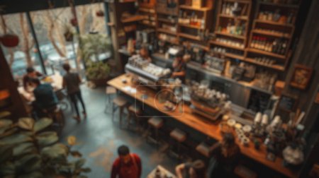 Photo for Blurred background of a busy coffee shop with patrons enjoying their drinks and baristas crafting coffee, creating a lively community space. Resplendent. - Royalty Free Image