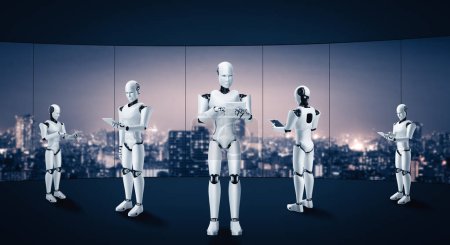 Téléchargez les photos : Robot d'illustration 3D XAI humanoïde travaillant dans le futur intérieur de bureau. Concept de pensée IA cerveau et processus d'apprentissage automatique pour la 4ème quatrième révolution industrielle. - en image libre de droit